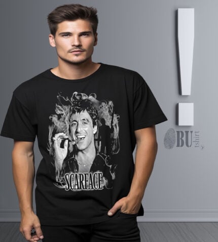 Siyah Scarface baskılı tişört, genç erkekler için popüler sokak tarzı ve rahat giyim, film temalı tişört, en kaliteli butik tişörtler, modern ve şık erkek giyim ürünleri.