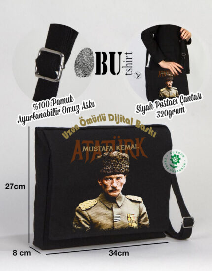 Yüksek çözünürlüklü siyah postacı çanta, Mustafa Kemal Atatürk temasıyla tasarlanmış, 27x34 cm ölçülerinde, 8 cm derinliğe sahip, uzun ömürlü dijital baskı ve 0 pamuk ayarlanabilir omuz askısı ile dikkat çekiyor.