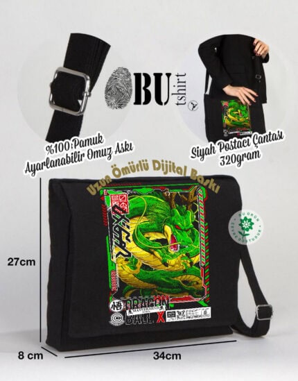 Ayrılabilir pamuklu omuz askısı, siyah postacı çantası ve dijital dragon baskılı posta çantası ile günlük kullanıma uygun BU Tişört ürünleri.