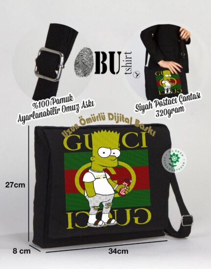 Siyah ve yeşil Gucci temalı Çocuk Dustin Postacı Çantası, 320 gram, 27x34 cm, dayanıklı ve hafif, koronavirüse karşı özel tasarım, üzeri Bart Simpson ve Gucci logo baskılı, günlük kullanıma uygun.