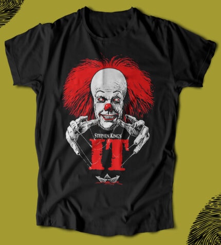 Kötü ruhlu palyaço figürlü tişört, Stephen King'in "IT" korku romanından ilham alınmış, korku ve korkutucu tasarım, rahat ve şık giysi seçeneği, korku temalı tişört, korku severler için ideal.