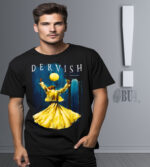 Dinamik derviş temalı bisikletli dansçı baskılı siyah tişört, genç erkek giyim koleksiyonu, rahat ve şık spor tişört, modern tasarım, yüksek kalite kumaş, günlük kullanım uygun.