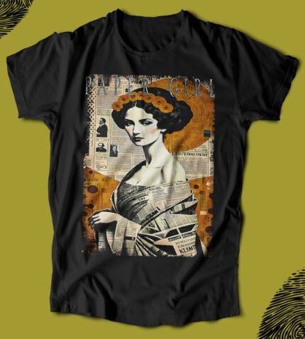 Kadın portreli Tişört, gazeteler ve grafikle tasarlanmış sanatlı furyalı modern tasarım, şık ve özgün moda ürünü, rahat ve tarz sahibi giyim seçeneği.