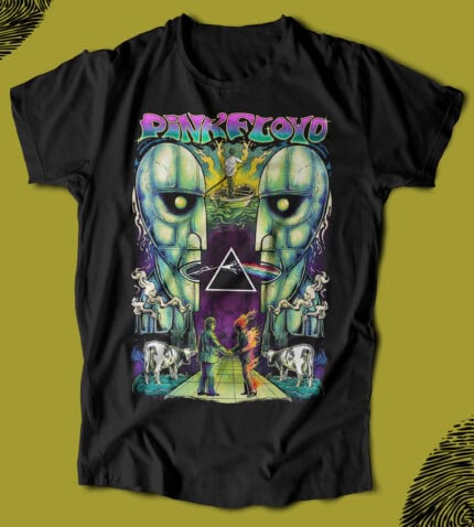 Renkli Pink Floyd temalı tişört, androjen yüz ve müzik sembolleriyle tasarlanmış, gençler ve müzik tutkunları için ideal, yüksek kaliteli pamuk yapısı ile şık ve rahat.