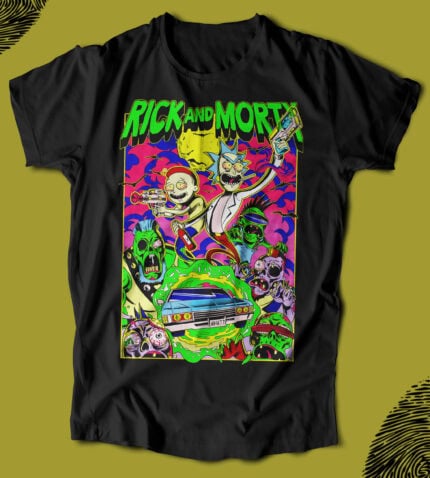 Dinamik Rick ve Morty temalı tişört, renkli ve eğlenceli tasarım, popüler bilim kurgu karakterleri, gençler ve yetişkinler için uygun modern tişört, kaliteli pamuklu kumaş.