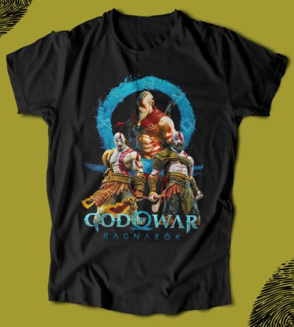 Yüksek kaliteli "God of War Ragnarök" temalı tişört, detaylı ve canlı baskı ile erkek ve kadınlar için ideal oyun sever tasarımı.