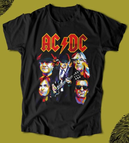AC/DC baskılı tişört, rock müzik hayranları için canlı renkler ve ikonik grup üyeleri ile dikkat çekici tasarım. Kaliteli pamuklu materyal, rahat kullanım sağlar.