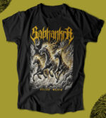Ağır metal tarzında, yanan atlar ve karanlık gökyüzü ile tasarlanmış, "Helios Wraith" yazılı T-shirt.