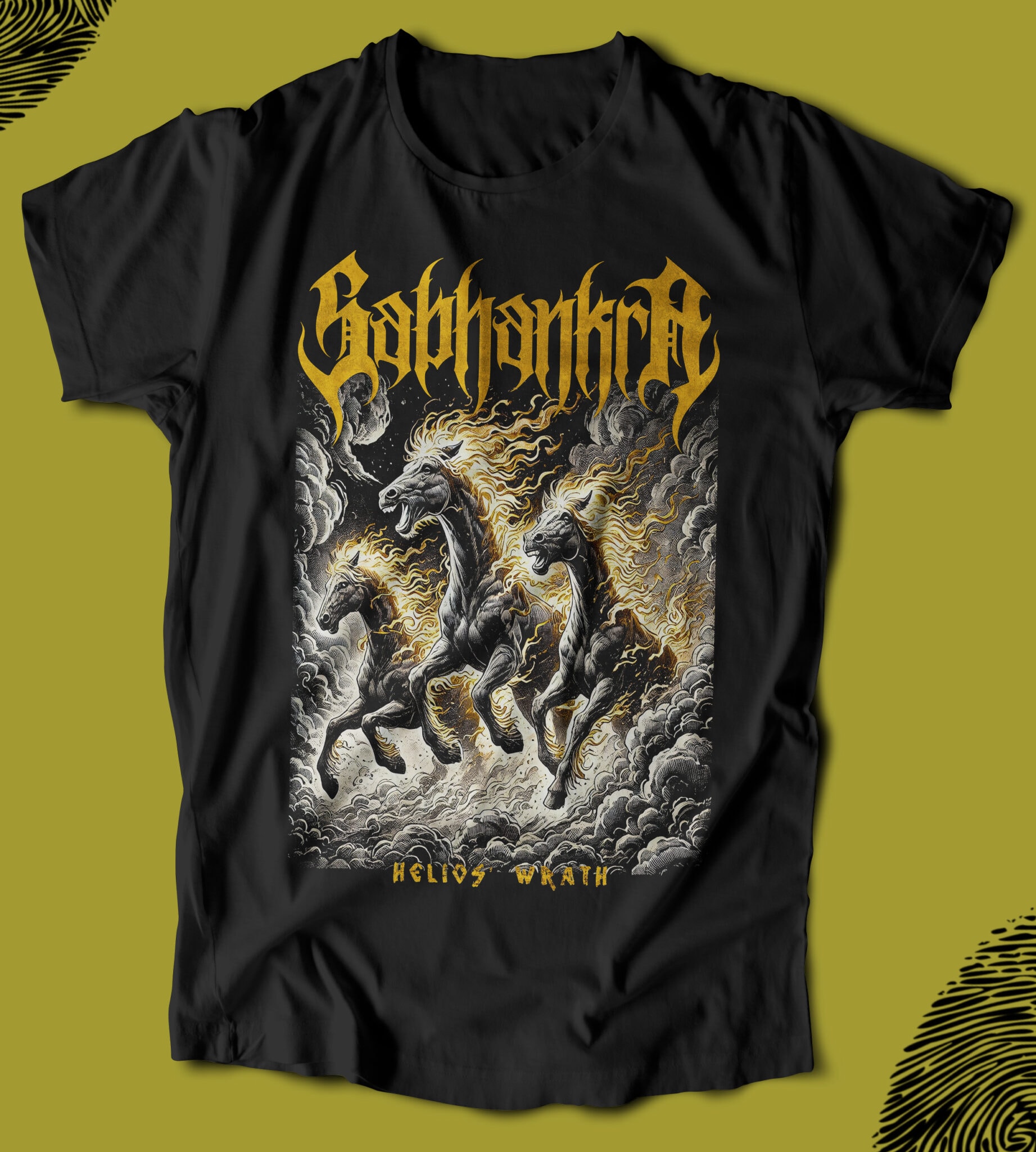 Ağır metal tarzında, yanan atlar ve karanlık gökyüzü ile tasarlanmış, "Helios Wraith" yazılı T-shirt.