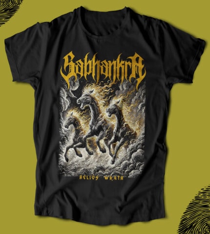 Ağır metal tarzında, yanan atlar ve karanlık gökyüzü ile tasarlanmış, "Helios Wraith" yazılı T-shirt.