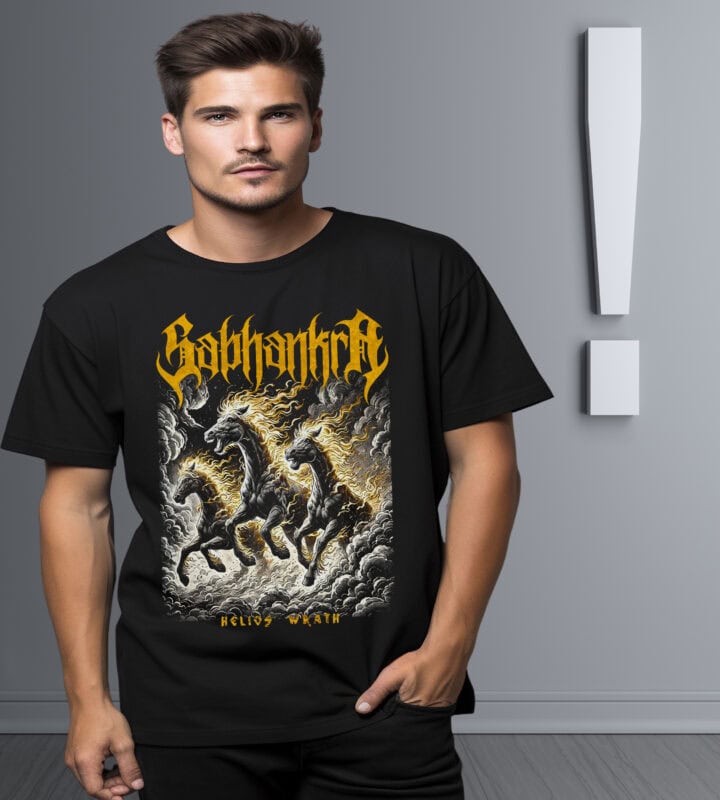 Dinamik siyah tişört üzerinde korkutucu atlar tasarımı, gotik yazı tipi ve metal tarzında detaylar, şık ve rahat giyim aksesuarı, erkekler için modern ve özgün giyim seçeneği.