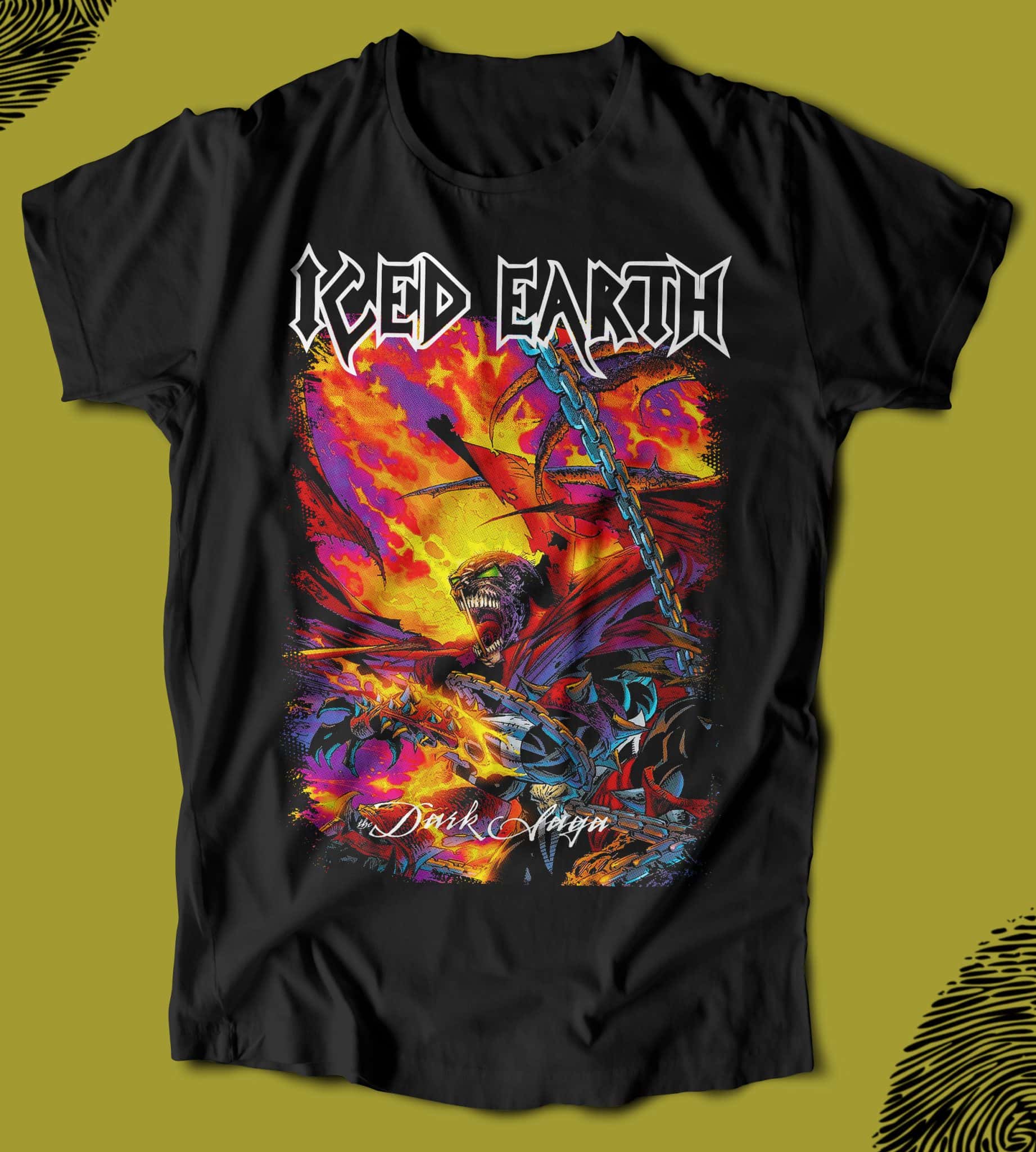 Yırtıcı yırtıcı bir canavar tasarımıyla İskelet ve ateşli savaş sahnesi içeren siyah tişört, "ICED EARTH" ve "Dark Majesty" yazılarıyla metal ve rock stilinde tasarlandı.