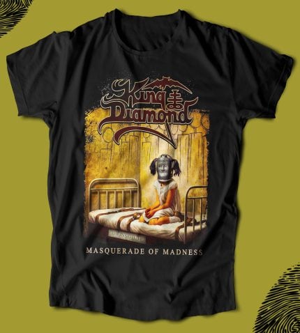 Düzenlenmiş tişört tasarımı, "King of Diamond" ve "Masquerade of Madness" temasıyla gizemli ve dikkat çekici, korku ve metal müzik hayranlarına uygun, yüksek kaliteli baskı ve materyal, özel tasarım.