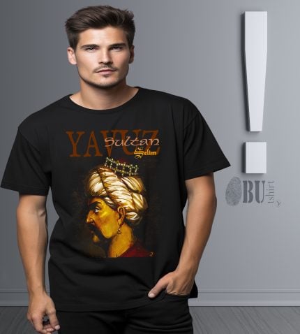 Yavuz Sultan Selim temalı siyah tişört, Osmanlı padişahı ve tarih temalı unsurlar ile modern tasarım.