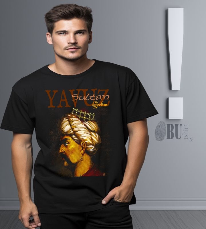 Yavuz Sultan Selim temalı siyah tişört, Osmanlı padişahı ve tarih temalı unsurlar ile modern tasarım.