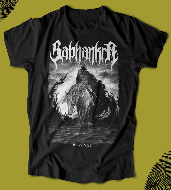 Güçlü black metal tişört tasarımı, at üzerinde savaşçı figür ve detaylı grafikler ile Revenge teması, kalın ve şık baskı, ekstrem müzik hayranları için mükemmel alternatif.