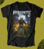 Yüksek kaliteli Megadeth tişört tasarımı, gothic ve metal tarzı, ölüm maskesi detaylarıyla, rock ve heavy metal hayranlarına yönelik, koleksiyon ürünüdür.