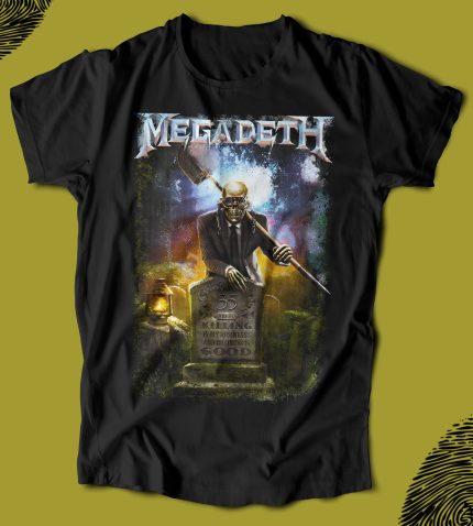 Yüksek kaliteli Megadeth tişört tasarımı, gothic ve metal tarzı, ölüm maskesi detaylarıyla, rock ve heavy metal hayranlarına yönelik, koleksiyon ürünüdür.