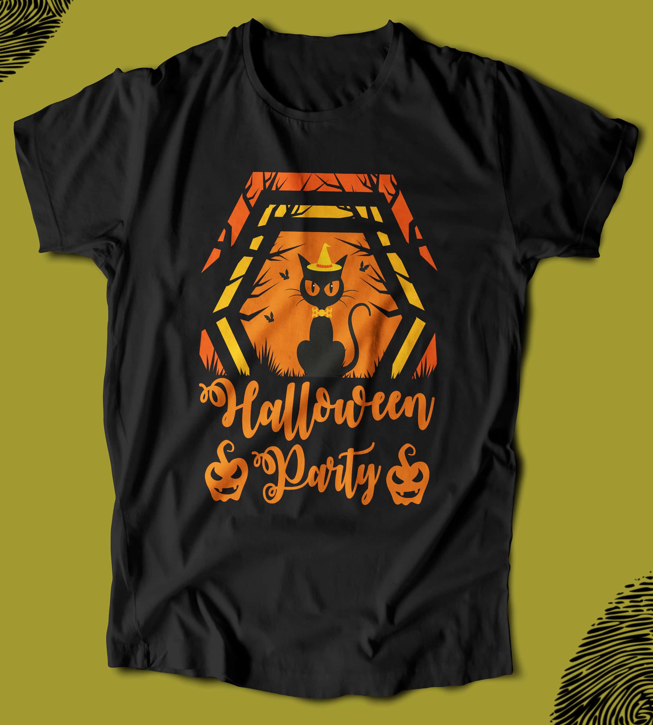 BUREGU0128-1 BUTSHIRT 'Halloween - Cat Party‘ Baskılı 'Regular-Fit' Unisex Tişört - Görsel 1
